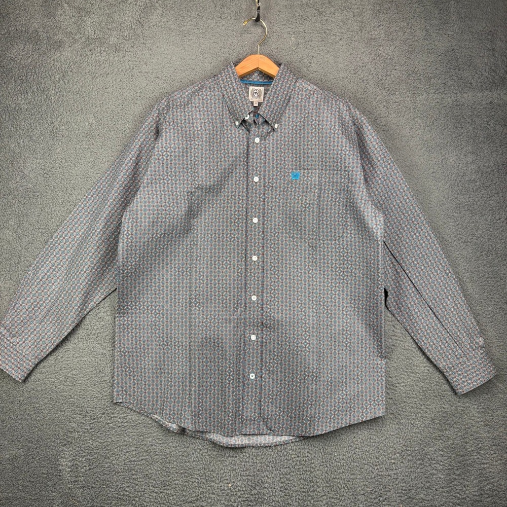 Cinch Mens Long Sleeve Geometric Print Button Down Western Shirt Grey Blue MT